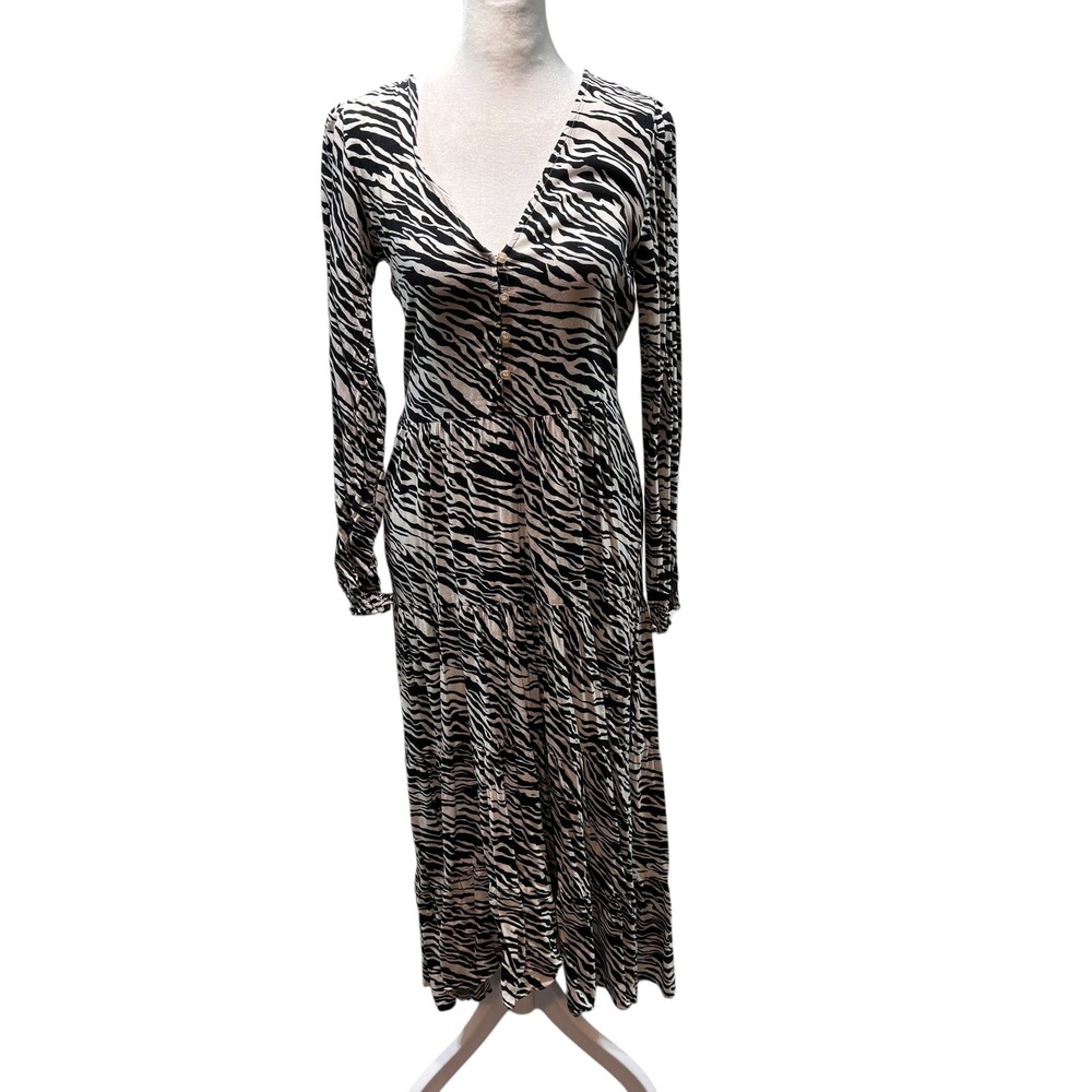 Stradivarius Zebra Print Midi Dress Black White Button Front Long Sleeve M #379